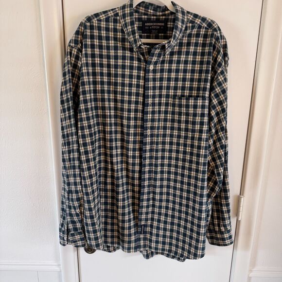 Men's Abercrombie & Fitch 100% Cotton Size L Blue/Green/Cream EUC Button Down - Picture 3 of 6